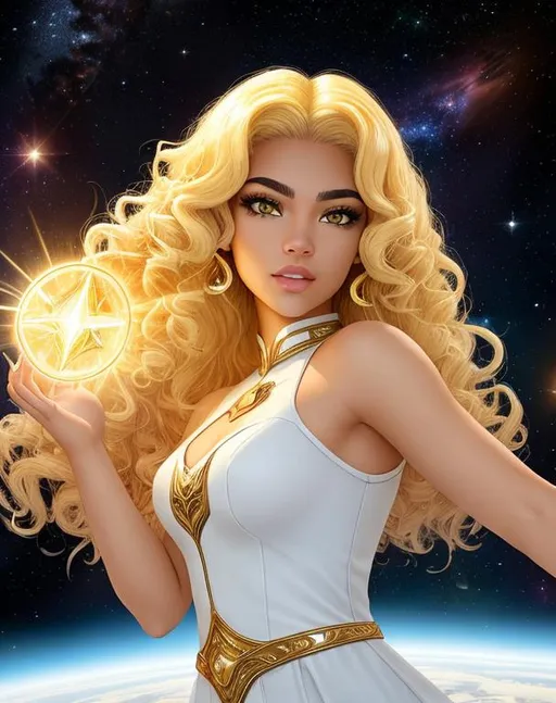 Prompt: A beautiful 15 year old ((Latina)) light elemental with light brown skin and a beautiful face. She has curly yellow hair and yellow eyebrows. She wears a beautiful white dress with gold. She has brightly glowing yellow eyes and white pupils. She wears a gold tiara. She has a yellow aura around her. She is using light magic in battle against a giant space monster. Epic battle scene art. Full body art. {{{{high quality art}}}} ((goddess)). Illustration. Concept art. Symmetrical face. Digital. Perfectly drawn. A cool background.