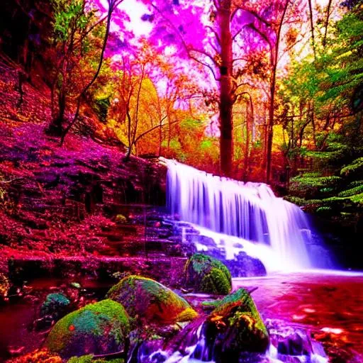 Prompt: beautiful, enchanted forest, waterfall, clouds, neon colors, pinks, blues, trees, realistic