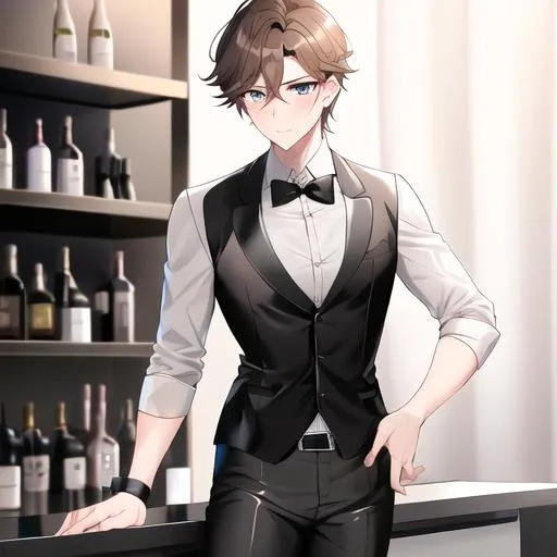 Prompt: Alex 1male. Short light brown hair. Soft and mesmerizing light grey eyes. Wearing a sleek black button-up shirt, paired with tailored black pants and shiny leather shoes. He completes the look with a stylish black vest and a classic black bow tie. UHD, 8K, standing behind a bar counter, blushing