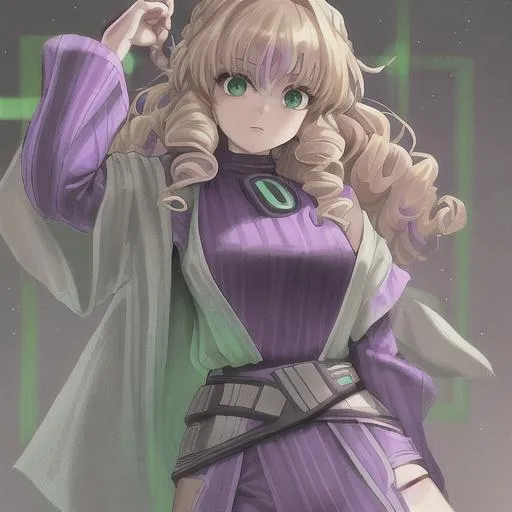 Prompt: jedi girl with blonde curly hair,purple clothes and green eyes  from star wars