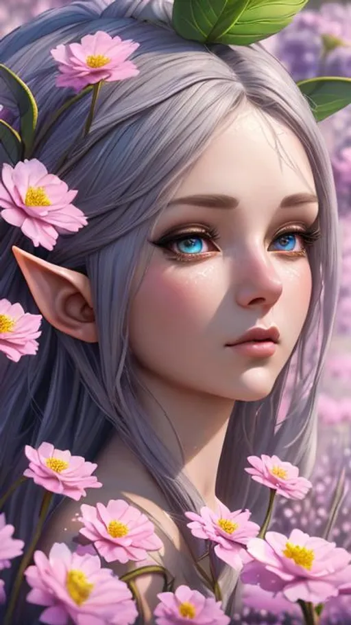 Prompt: highest quality stylized character concept masterpiece, award winning digital 3d oil painting art, hyper-realistic, intricate, 64k, UHD, HDR, image of a beautiful elf-girl on a flowers field, highly detailed face, hyper-realistic facial features, perfect anatomy in perfect composition of professional, long shot, sharp focus photography, cinematic 3d volumetric, dramatic lighting with backlit backlight, {{sexy}}, aiming down sights with red-hair, green eyes, perfect smile, from Elder Scrolls.