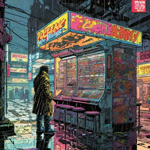 Prompt: Jack Kirby Cyberpunk. Cyberpunk standing in rain. vending machines. osaka, japan. raining. early morning sunlight. one customer at machine. Larger perspective. include tables and chairs.  Jack Kirby comic book style art. neon and dark metal. futuristic meets the old. The year is 2079. Jack Kirby inspired comic book art. 