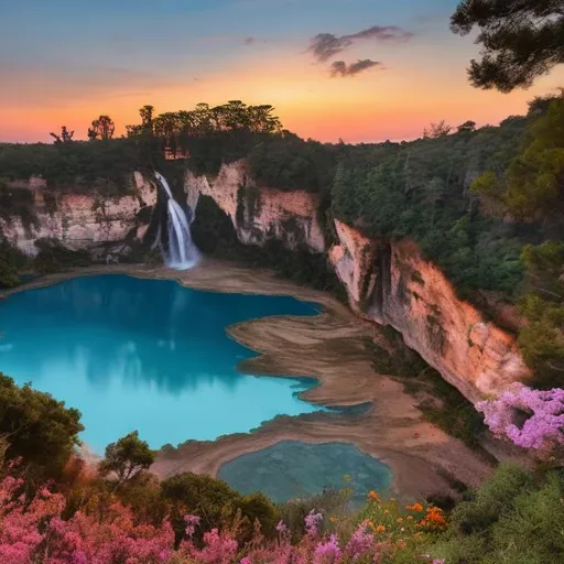 Prompt: a vast cliff with a waterfall falling off the end, opening up into a beautiful blue pond, flanked by a clearing on all sides, with deer and birds everywhere and small fish swimming in the pond as the sun sets, dying the sky with rose gold and orange as the clouds shift around and night falls over the pine forest around the clearing