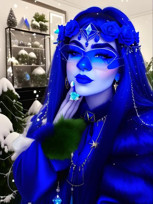 Prompt: GeminiTay, Heavy snow, Giant Blue Orb in Sky, Long Straight Blue hair, Ice crystal tiara with Green Flowers, Thick bushy blue eyebrows, medium sized nose, plump diamond shape face,  Blue lips, ethereal blue eyes, Triangle Star earrings, soft ears, Large blue plastic chain around neck, Blue heart necklaces, Purple candy shaped rings, Large blue fur coat with armor underneath. Scaley gloves. Long Blue Skirt with moons.