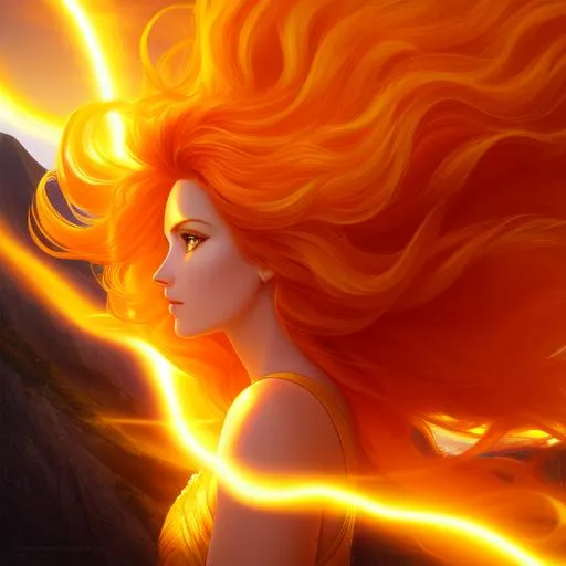 Prompt: In this digital close-up painting, the Goddess of Sunlight stands atop a mountain peak, her outstretched arms sending beams of warm light across the sky. Her hair is a fiery orange and yellow, flowing down her back in waves, as if made of pure light itself. Her skin is golden and glows with a radiance that reflects the warmth and vitality of the sun.

The landscape below her is a vast, sprawling expanse of hills, valleys, and forests, with winding rivers and streams that reflect the sunlight like glittering jewels. The colors of the sky shift from deep oranges and reds to soft yellows and pinks as the sun begins to set.

The composition of the painting is perfect, with the Goddess positioned in the center of the frame, her flowing robes billowing around her. The dynamic brushwork creates a sense of movement and energy, while the highly detailed rendering of the landscape and the Goddess herself makes the scene feel incredibly immersive.

The painting is displayed on Artstation, where it stands out as a shining example of concept art. The smooth, sharp focus of the image creates a sense of clarity and depth, while the intricate details of the Goddess's features and clothing add a level of realism and texture.

Overall, this painting is a stunning work of art, created by the masterful talents of Carne Griffiths, Artgerm, and Wadim Kashin. It captures the essence of the Goddess of Sunlight and brings her to life in a way that is both dynamic and beautiful.