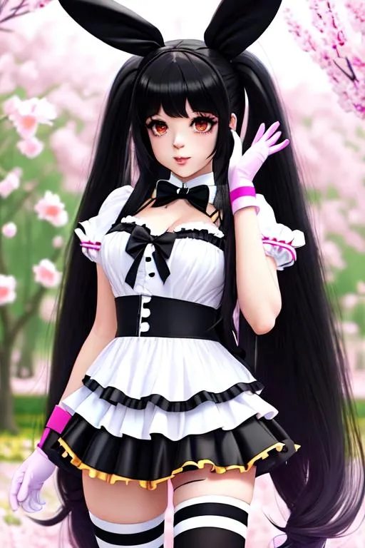 Prompt: A Emo  young women in a cosplay dressed in a mischievous inviting Lolita bunny outfit ,  ((full body,))with long  hair, with white thighs highs,painting himself toy, standing character, soft smooth lighting, soft pastel colors, skottie young, in a spring time background 3d blender render, polycount, modular constructivism, pop surrealism, physically based rendering, square image.photorealistic  3d blender trending on art station 