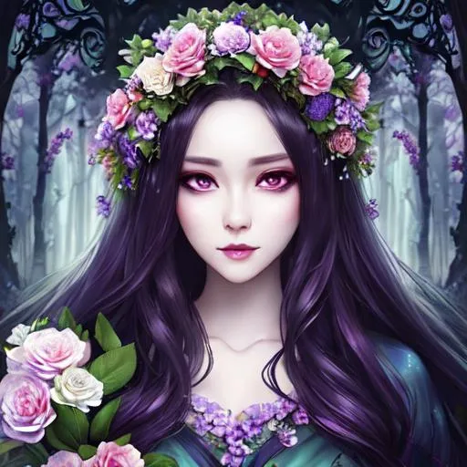 Prompt: there is a pale woman sitting in a forest with a bunch of flowers, undead. highly detailed, anime woman portrait art, official print, realistic. cheng yi, anime and manga, necro, princess of amethyst, banshee, shoggoth, ophelia, close up