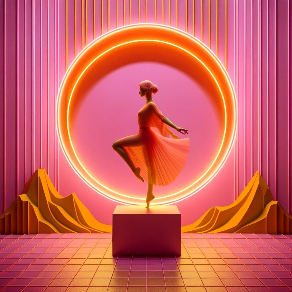 Prompt: Digital art inspired by reimagined classical forms, showcasing a woman standing within an orange neon-lit circle. The colors of light magenta and yellow play a significant role in the composition. Her posture suggests a dance movement, and the backdrop has elements reminiscent of hikecore aesthetics.
