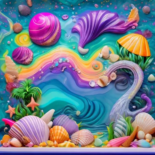 Prompt: Gem and seashell diorama in the style of Lisa frank