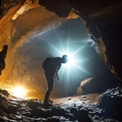 Prompt: One person blinded by light exiting cave
