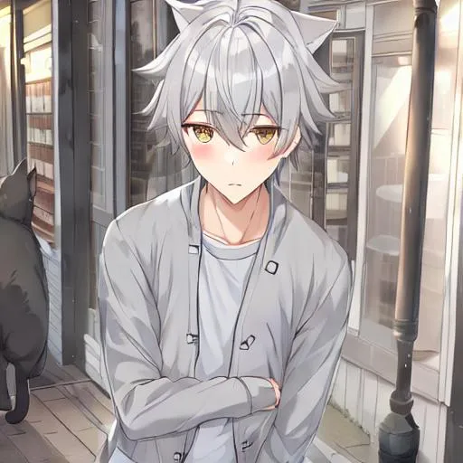 A white haired young anime boy, blindfolded, grey ci