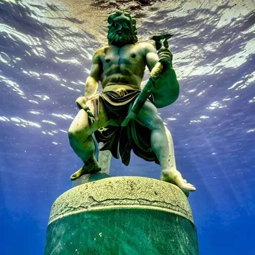 Prompt: statue of poseidon holding a trident, under water around atlantis, roman columns, tropical fish.