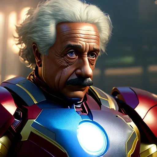 Prompt: Albert Einstein as Iron man, mask off, extremely, detailed environment, detailed background, intricate, detailed skin, natural colors , professionally color graded, photorealism, 8k, moody lighting.