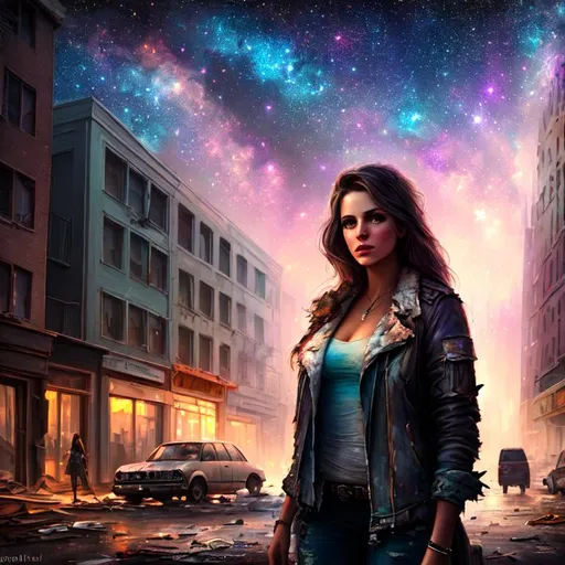 Prompt: painting of a woman, torn clothes, nighttime, post apocalyptic city street, ruined buildings, ruined cars, ruins, trash, soft light, pastel colors, muted color scheme, art, galaxy sky, stars, fireflies