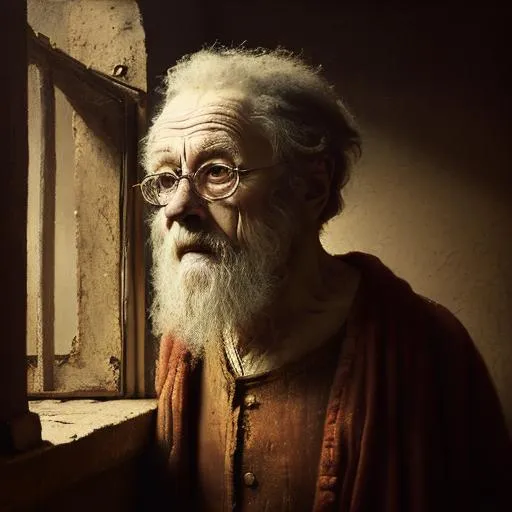 Prompt: Oil painting of a lonely man who's been waiting for 43 years for the world to make sense. Detailed, octane render, Rembrandt, highly detailed face, single light source from window