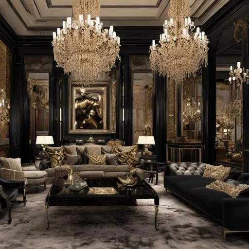 Prompt: Create a 4k, HD, ultra realistic, indoor room, focusing on a luxury  furniture, with glam decor in a jewel tone. Black older women with naturally curly hair in the background. HDR, UHD. Modern theme.