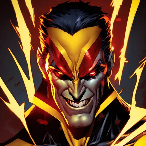 Prompt: Mister Sinister from the X-Men comics experimenting on Cyclops and Jean Grey, grinning, ominous, sinister, evil, vampire-like, yellow background, warm spotlights, from different angles, studio lighting, action shot, 4k render, cover art. 