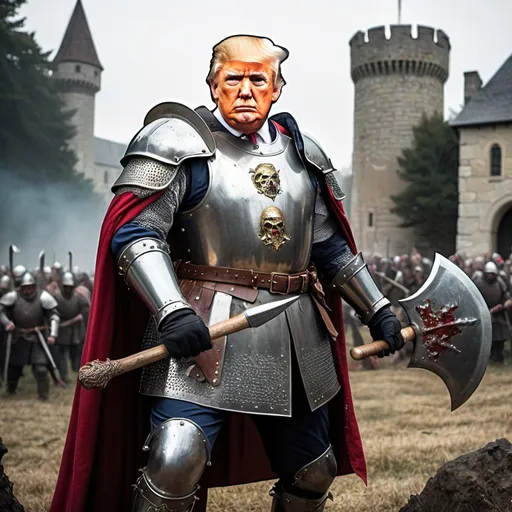 Prompt: Donald Trump in medieval armor with axe and mace, he fights against many zombies before the White House