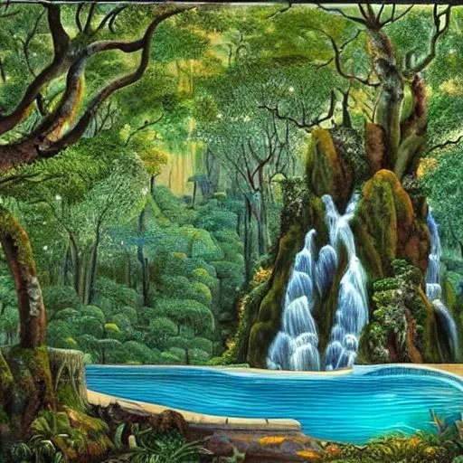 Prompt: The painting depicts a lush forest scene, with trees and foliage in shades of viridis and olivaster forming a dense canopy overhead. In the foreground, a cascading waterfall of aqua pura tumbles down a rocky cliff, creating a pool of cerulean water at the base. The pool is surrounded by jagged rocks in various hues of brunneus and ochraceus, which add a sense of earthiness and texture to the scene. Above the waterfall, a fiery sunset of carotenoid hues paints the sky in vivid tones of ruber and aurantiacus, casting a warm glow across the entire scene.