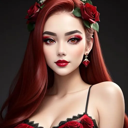 Prompt: Beauty, Beautiful and Gorgeous red roses in hair, pretty makeup, facial closeup