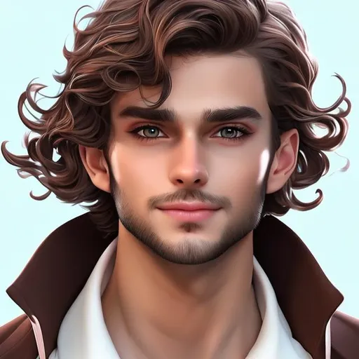 Prompt: an aldult handsome men with Pigtails soft brown wavy hair, soft brown eyes with red untertone, realistic, digital art, 64k