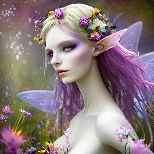 Prompt: fairy goddess, porcelin skin,clothed,ethereal,dreamscape, wildflowers, vivid colors,closeup