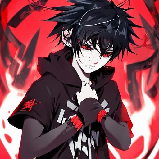 Prompt: Anime boy with red and black hair with black hood with horns on head sad face with bracelets nike shirt and pants with skulls

