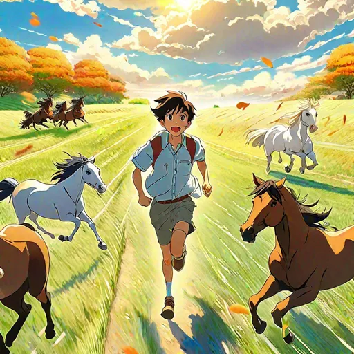 Prompt: anime boy running in an open field being chased by horses, highly detailed, HD, sunny background, hayao miyazaki