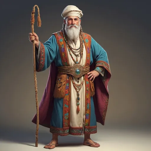 Prompt: Full body, Fantasy illustration of a elderely wizard, oliv skill, braided beart, rich and decorated mesopotamian robe, amiable expression, colorfull, high quality, fantasy, fez, male