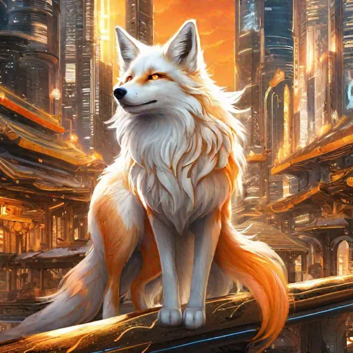 Prompt: (masterpiece, 2D, hyper detailed, epic digital art, professional illustration, fine colored pencil), Adolescent runt ((kitsune)), (canine quadruped), nine-tailed fox, dreamy amber eyes, fuzzy {white-gold} pelt, (golden necklace with brilliant orange gemstone), pointy brown ears, in a large futuristic city, skyscrapers tower above her, the city lights up against twilight, by Anne Stokes, possesses ice, timid, curious, cautious, nervous, alert, expressive bashful gaze, slender, scrawny, fluffy gold mane, {frost} on face, extremely beautiful, dynamic perspective, frost on fur, fur is frosted, sparkling ice crystals in sky, sparkling ice crystals on fur, fluffy fox ears, sparkling rain falling, dreamy, melodic, highly detailed character, petite body, large ears, full body focus, perfect composition, trending art, 64K, 3D, illustration, professional, studio quality, UHD, HDR, vibrant colors