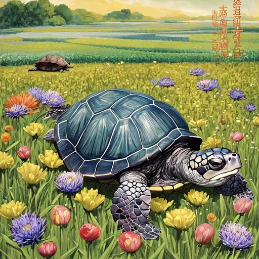 Prompt: a turtle sitting on top of a flower covered field, by Pedro Pedraja, then leave it to god, by Cedric Seaut, cover, by Gao Cen, award - winning design, inspired by Eugène Boudin, dotado, easter, at midday, avec des dents pointues, mid-day, cover image