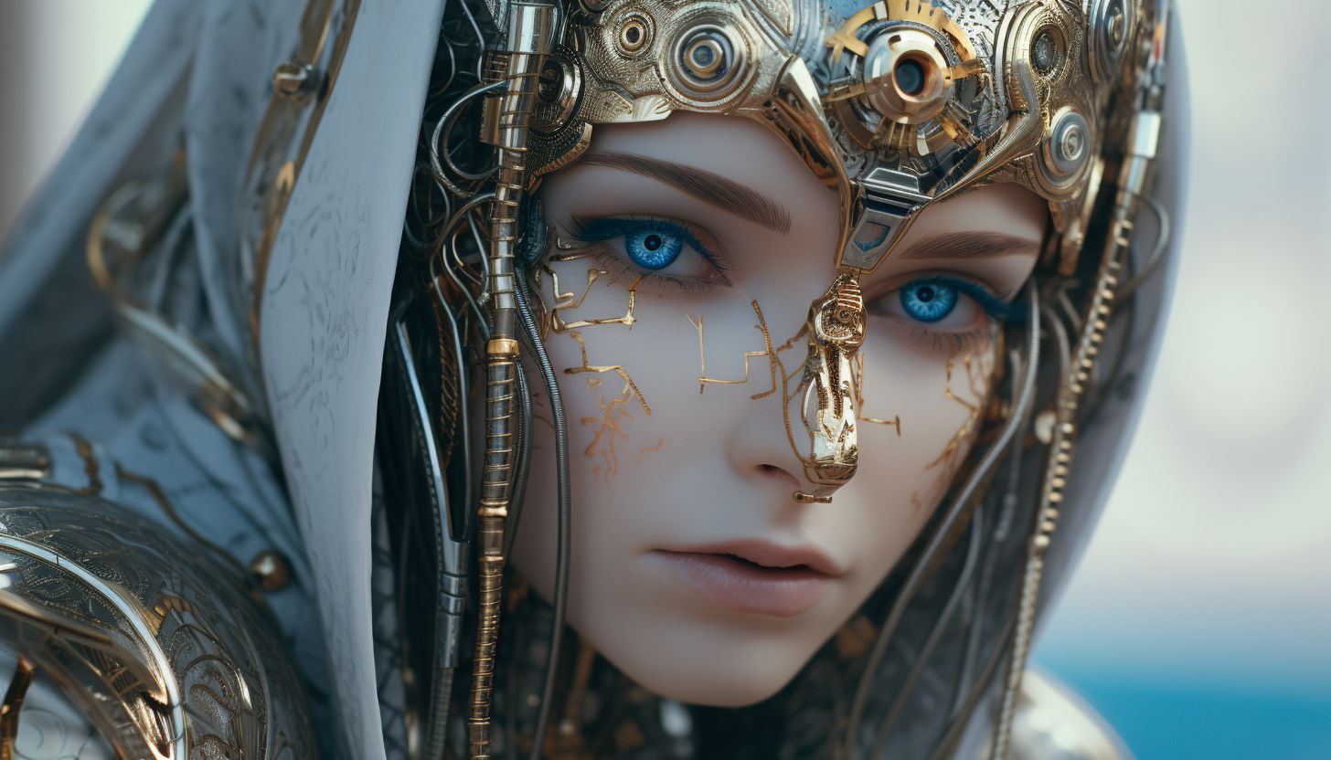 Prompt: a robot woman with blue eyes and a headband, in the style of highly detailed realism, futuristic victorian, light gold and azure, close-up intensity, photo-realistic techniques, android jones, cyberpunk manga