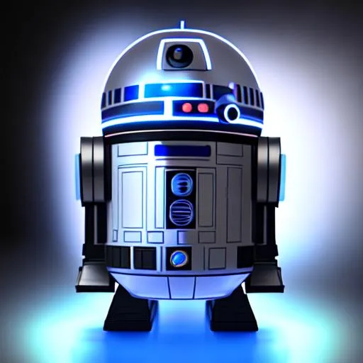 Prompt: 3d render, full body 3d render of funko pop R2-D2, black background, Illuminated by Neon  lights