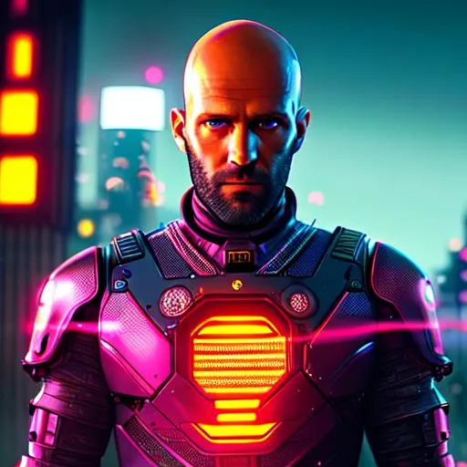 Prompt: CREEPY Android man , Jason Statham, Pixar Style Eyes, Glow in Hair, intricately flowing bald, Atletich Cyborg PINK GLOW Body, Intricate ORANGE metal lace body armor, 50mm (((face))), Cyberpunk City in the background, cinematic Shot, intricate details, Cinematic lighting, Soft light, ornamental artwork by Tooth wu and Beeple, insane details, photorealistic 