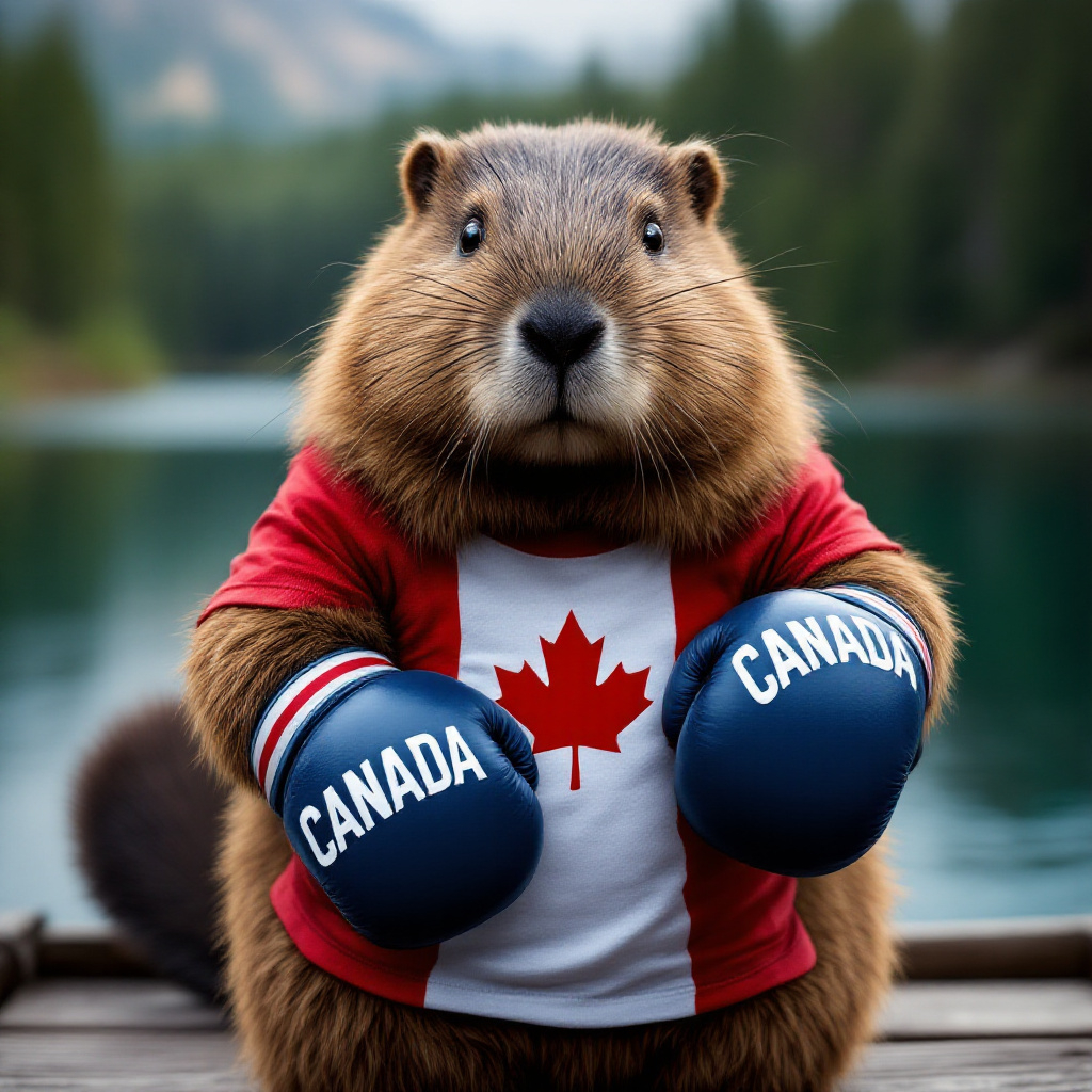 A beaver wearing a canadian flag shirt and boxing gl...