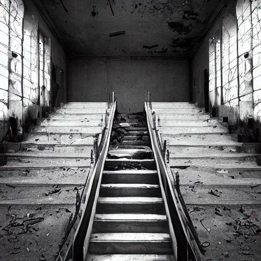 Prompt: Photo of burning staircase in
abandoned building,
symmetrical,
monochrome
photography, highly
detailed, crisp quality
and light reflections, 