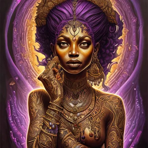 Prompt: commercial fantasy painting in art gallery, in the style of detailed ancient Indian Female Djinn of Amethyst Geode illustrations, light purple and amber, hyperrealistic A Black Princess with a golden henna face tattoo, yang08k, photography, beautiful, black background, colorful,realistic, masterpieces, top quality, best quality, official art, beautiful and aesthetic, 