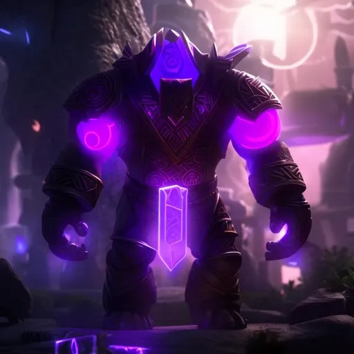 Prompt: Give this golem glowing purple eyes and runes