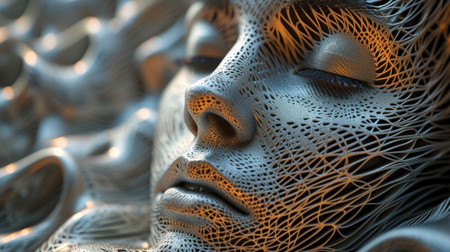 Prompt: Create an image featuring a futuristic metallic face, with intricate patterns etched into its surface. The face should be composed of shimmering gold and silver tones, reflecting a complex interplay of light and shadow. The background is an abstract, geometric array of black and white shapes that create an optical illusion of depth, mirroring the curvature and flow of the metallic face. The overall aesthetic is sleek and modern, with a sense of advanced technology and sophistication.