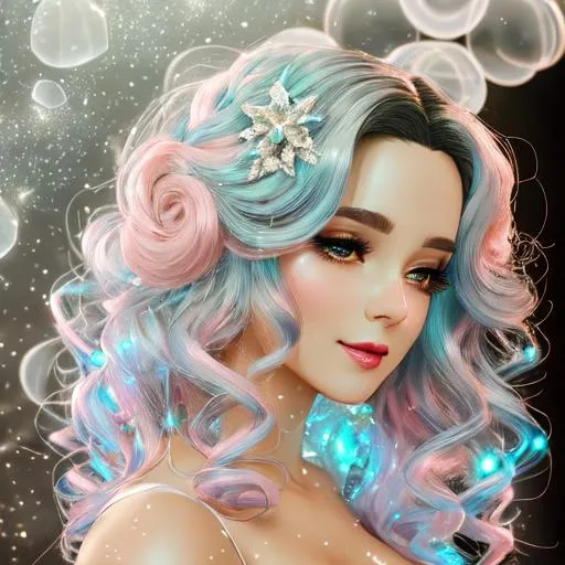 Prompt: Beautiful and sweet girl of warm glaze, wearing vaporous wedding dress, discrete make up, glowing up, large curly black marine blue hair, light sparkles, drapping, big lips, pink cheeks, translucid, unreal engine 8k octane, 3d lightning, stellar clouds, quartz and opal, gem rain, soft white skin, long wavy hair, nice smile, luminous chest, fantasy, silence