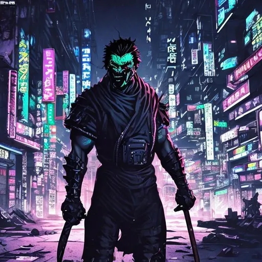 Prompt: Original villain.  Brawn. Sinister. Unique.. quirky. Magic. Axe. Very Dark image with lots of shadows. Background partially destroyed neo Tokyo. Noir anime. Gritty. Dirty. Black with random neon accents. Holographic armour. Bionic enhancements. 