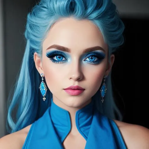 Prompt: A woman all in blue, blue eyes, pretty makeup