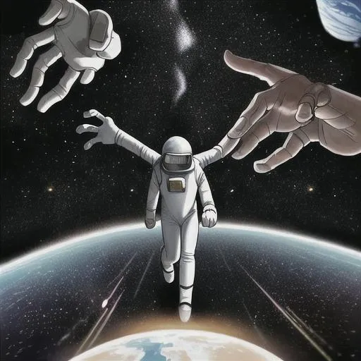 Prompt: spaceman running into the broken shifting reality looking at hands. the longer he stays the more nonsensical everything gets but he still has things to get done for the others to make it out alive spaceship in the distance 