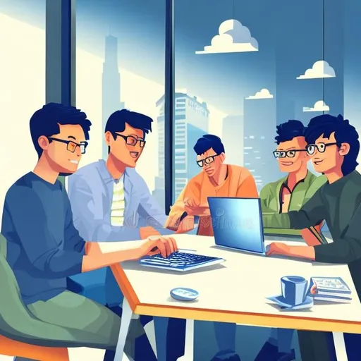 Prompt: Computer engineers (Asian, American and European) are around a table and productively discussing.  Some PC are on the table.  The room looks warm.  We see tall buildings thorough the window behind the table.  as children book illustration.