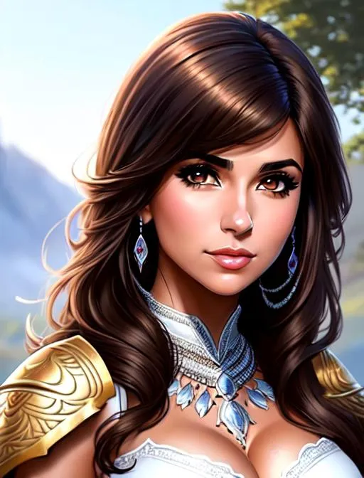 Prompt:  mix of Mia Khalifa and Lacey Chabert in sword fight, , parted bangs, brown hair, brown eyes, battlefield setting, ethereal, white dragon armor, jewelry set balayage wild hair, royal vibe, highly detailed, digital painting, Trending on artstation , HD quality, tan skin, Big Eyes,artgerm, by Ilya Kuvshinov 