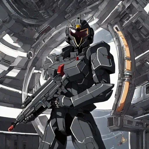 Prompt: whole body, full figure. A zeon soldier from Gundam 0079 in black armor with dark grey details.. He wields a rifle. black armor. dark grey details. Helmet on head. In background a space station. Tominon art. Anime art. 2d art. 2d. detailed. HD.