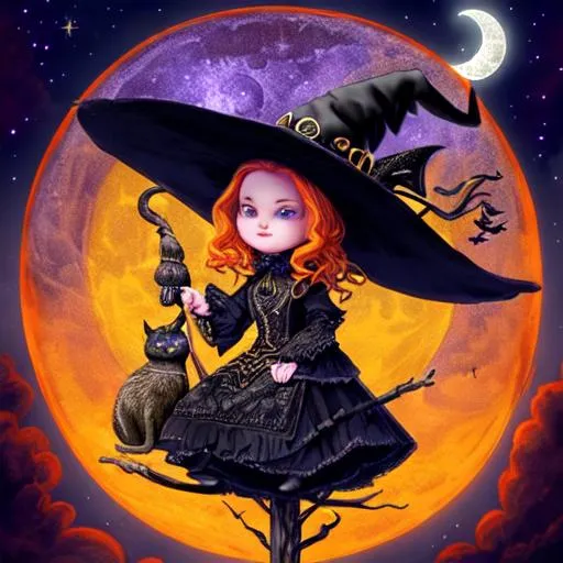 Prompt: an intricate witch, on a broom, with a small black cat, ornate and colorful, stars, clouds, moon, detailed, amazing, CGI