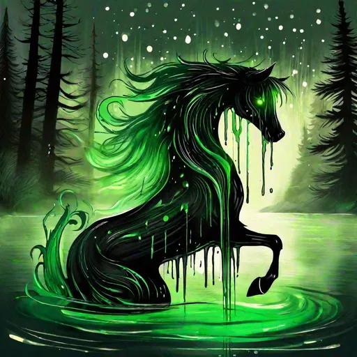 Prompt: {dripping art style} skeletal Scottish folklore kelpie emerging from the lake, with glowing green eyes, dripping oil, dark starless night, forest of pine trees. Beautiful, majestic, graceful, terrifying, haunting, powerful, with great detail