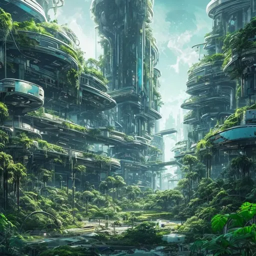 Prompt: Abandoned Futuristic City overgrown with lush green plants light blue sky