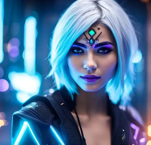 Prompt: Woman  with gray hair and colorful facial tattoos, in the style of futuristic settings, violet and bronze, robotics kids, photorealistic fantasies, schlieren photography, medieval fantasy, close-up shots